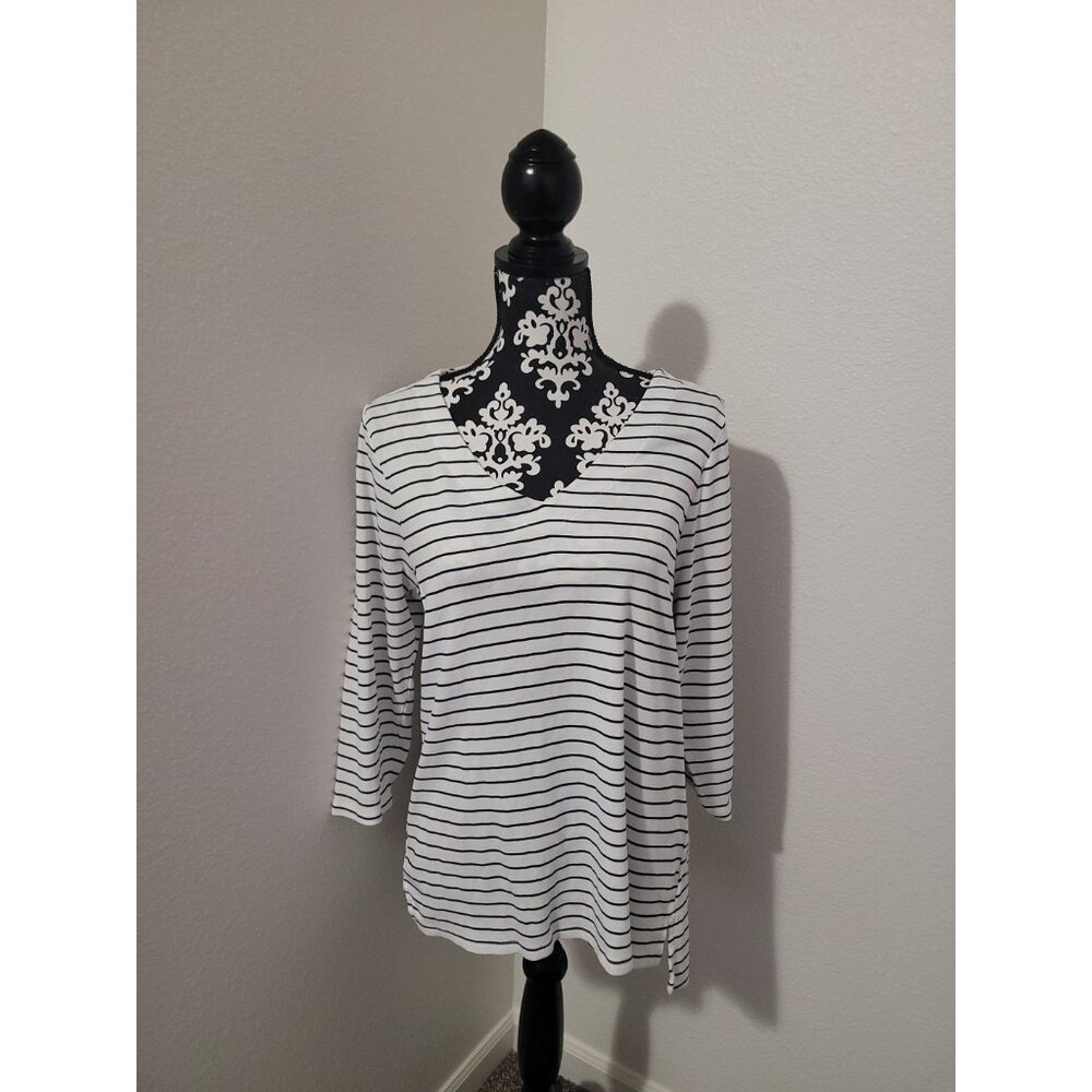 J.Jill Pima Cotton 3/4 Striped V Neck Top Closet Staple Casual Wmn L Blk White